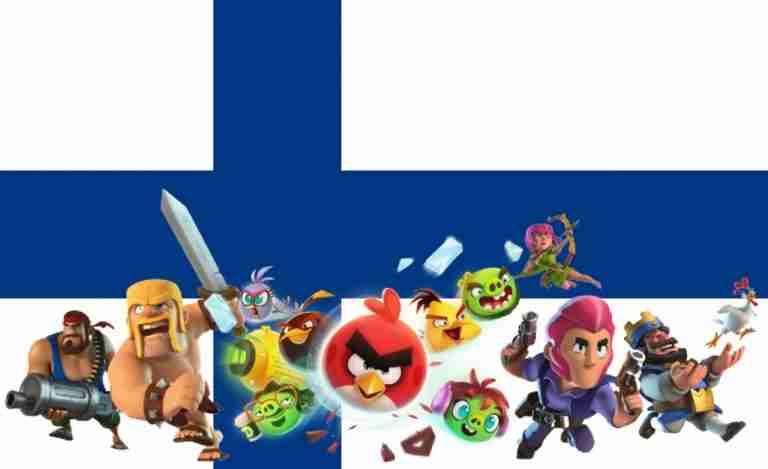 Picture of a Finnish flag containing Finnish Gaming Industry icons like Clash of Clans and Angry Birds