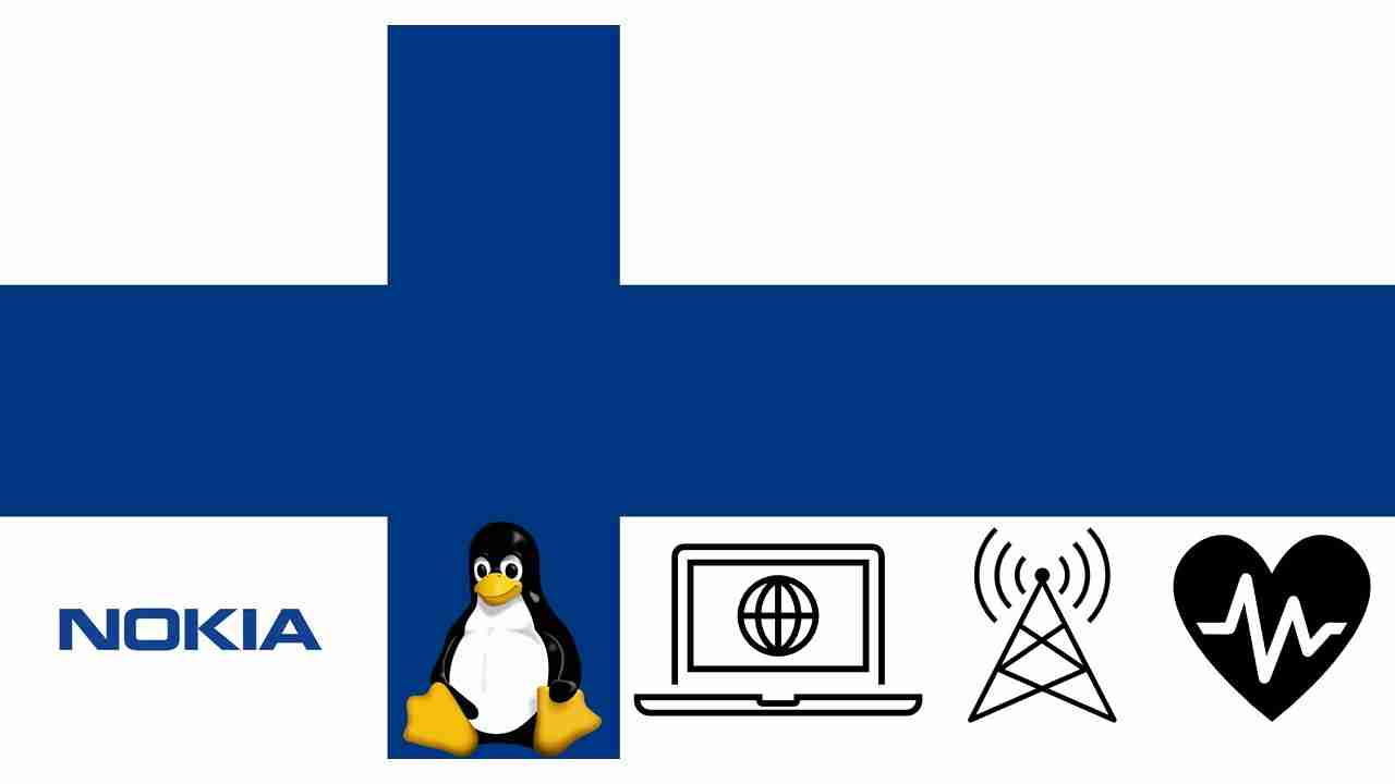 Finland flag and technology in Finland like Nokia, Linux, Web Browser, Internet and Heart rate monitor.