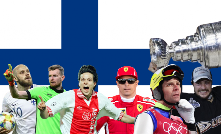 Finland flag with the Finnish sports icons that have reached worldwide success. From Left to right: Teemu Pukki(Football), Lukas Hradecky(Football), Jari Litmanen(Football), Kimi Räikkönen(Formula 1), Janne Ahonen(Ski Jumping) and Teemu Selänne(Ice-Hockey)