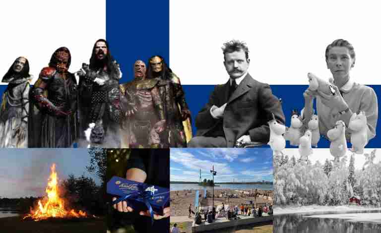 Picture of a finnish flag with different artists and Finnish lifestyle. Includes the most notable Finnish things like Lordi, Jean Sibelius, Tove Jansson, Fazer Chocolate, Finnish Summer and Winter